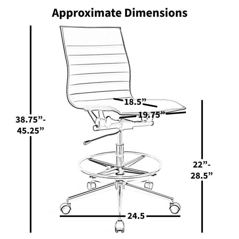 Modern Drafting Chair | Upholstered PU Leather Ribbed Armless Mid Back with Tall Adjustable Base & Leg Rest | Tilt Lock, Swivel | Computer, Home, Executive, Conference, Meetings 