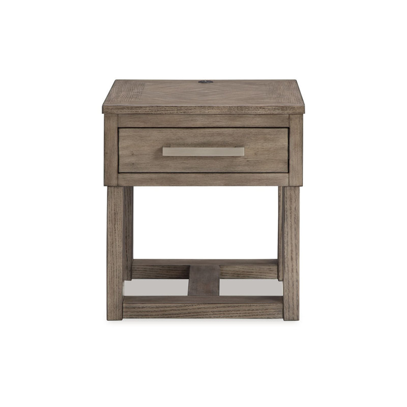 Transitional Brown and White Wood End Table with Storage and USB Charging