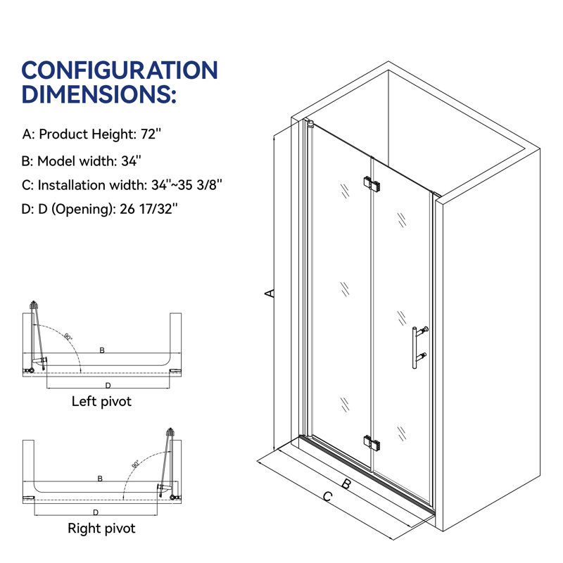 34" W x 72" H Bifold Shower Door with 1/4" Tempered Glass, Adjustable Width & Reversible Installation, Brushed Nickel