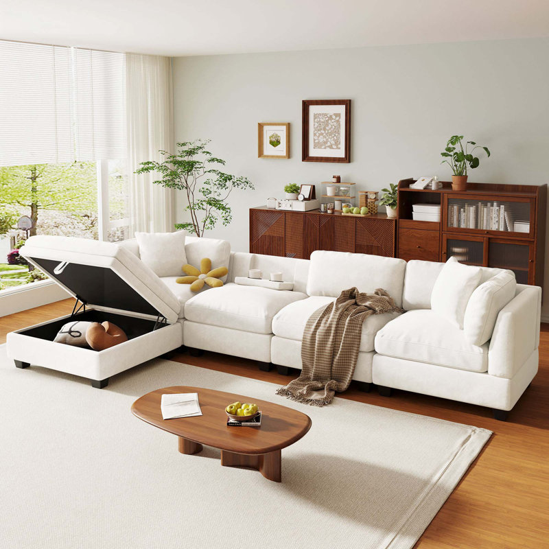 Canapé modulaire avec repose-pieds de rangement amovible, 2 porte-gobelets cachés, Polyester beige