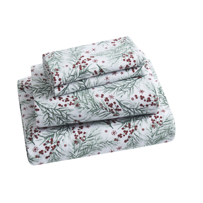Pine Triple Brushed Cotton Flannel Bed Sheet Set, Red, Twin Sheet Set with Fitted Sheet and 1 Pillowcase