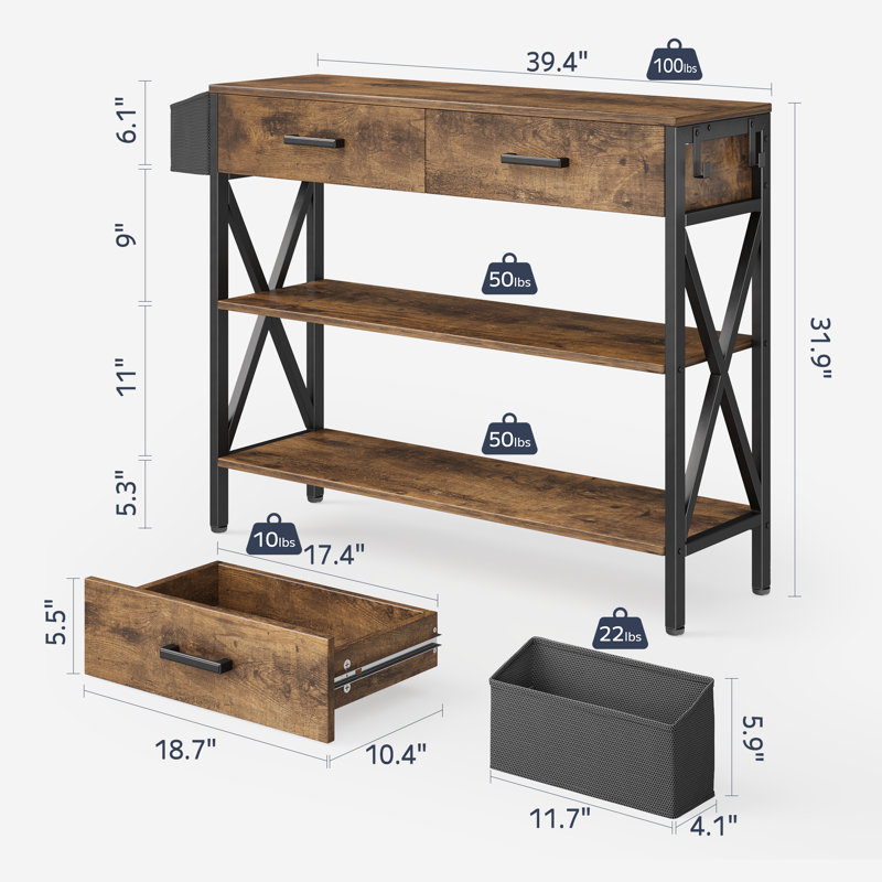 Modern Console Table with 2 Drawers, 2 Shelves, Storage Basket & Hooks - Ideal for Entryway or Behind Sofa, Brown