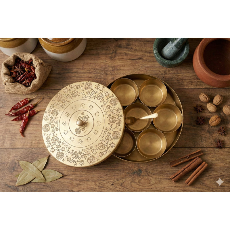 Boîte à épices en laiton de qualité fine fabriquée à la main - organisateur de rangement Masala à 7 compartiments avec cuillère et couvercle, décoration de cuisine ronde de 7 pouces