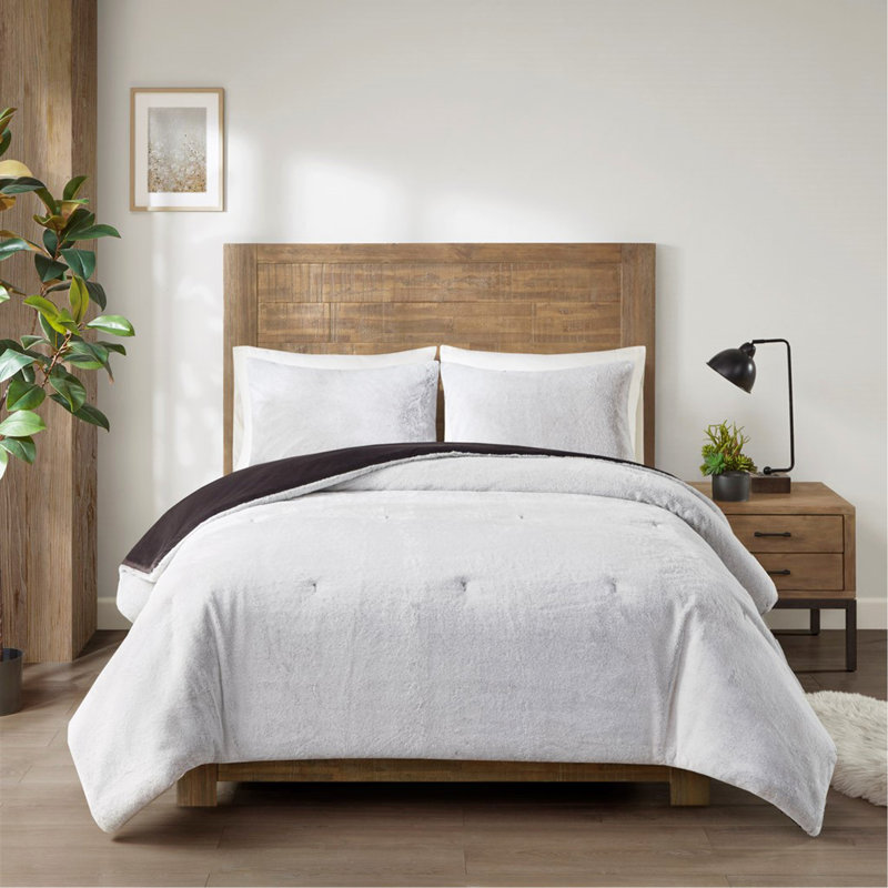 Ensemble d'édredon en fausse fourrure de duvet synthétique, Ivoire pâle, Édredon double et 2 taies décoratives