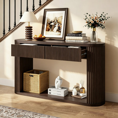 Oval Fluted Console Table With 2 Drawers And Bottom Shelf