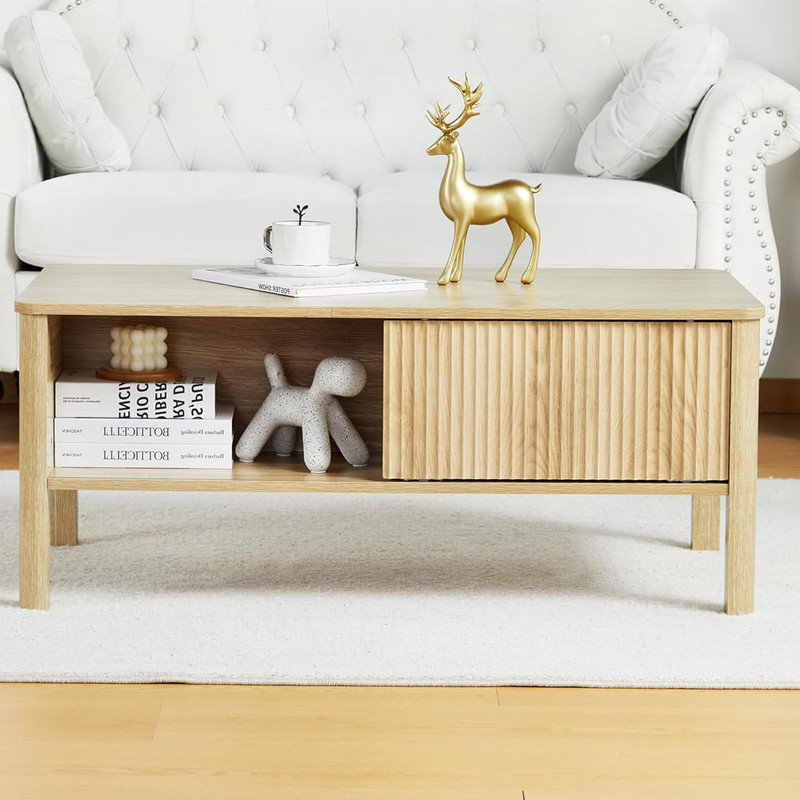 Natural Mid-Century Modern Rectangular Wood Coffee Table with Sliding Door