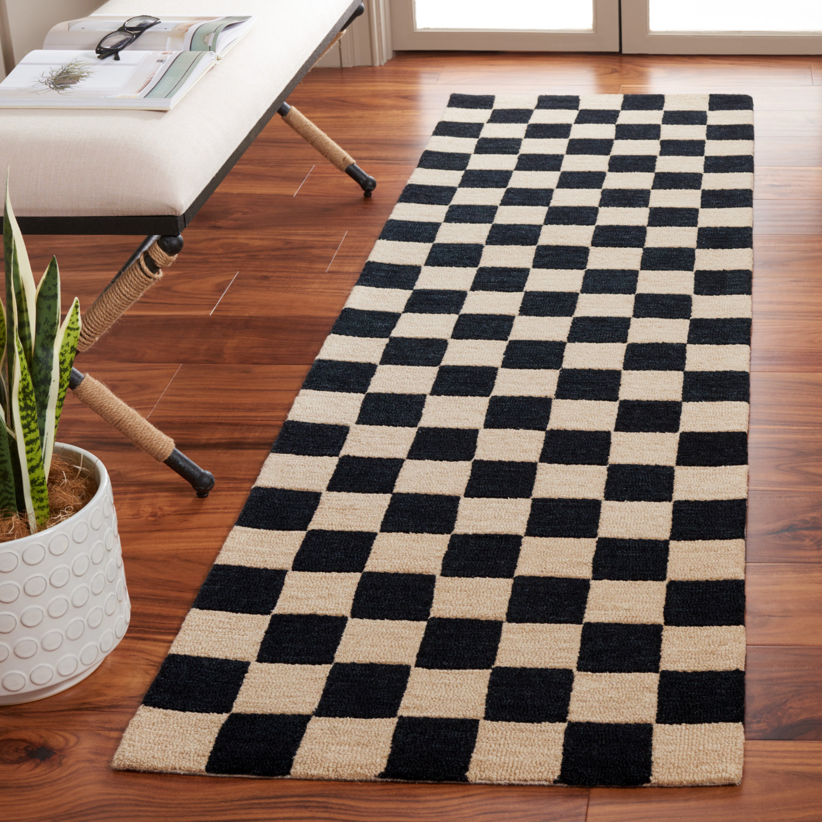 Freesia Black Beige Hand-Tufted Checkered Rug, Runner 2'3" x 8'