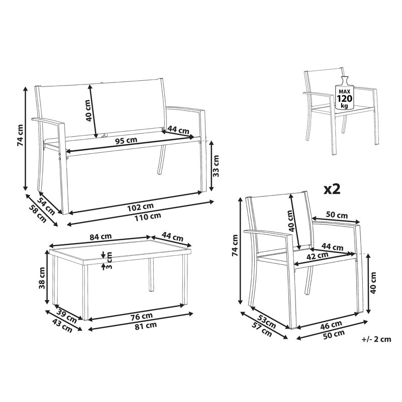 Garden Lounge Set with Table 4 Seater Castone Metal Dark Grey, Grey