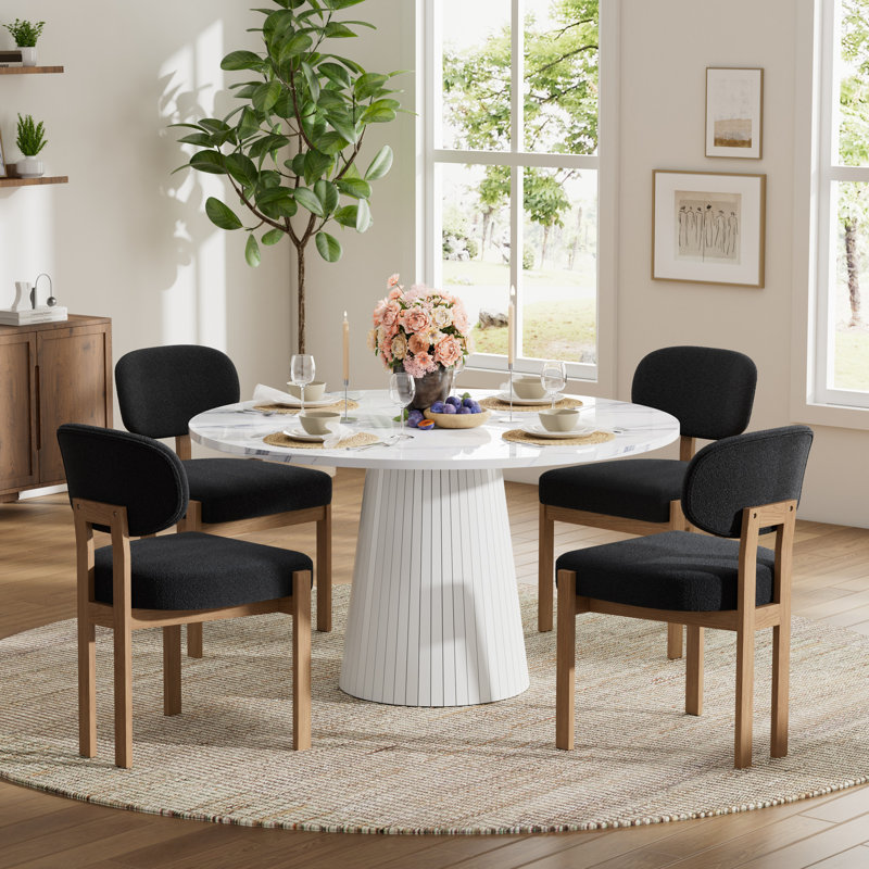 47 Inch Retro Round Dining Table Set For 4-6, MDF Top Kitchen Table With Solid Wood Chenille Fabric Chairs, Vintage Dining Set For Dining Room, Kitchen, Small Space, Apartment
