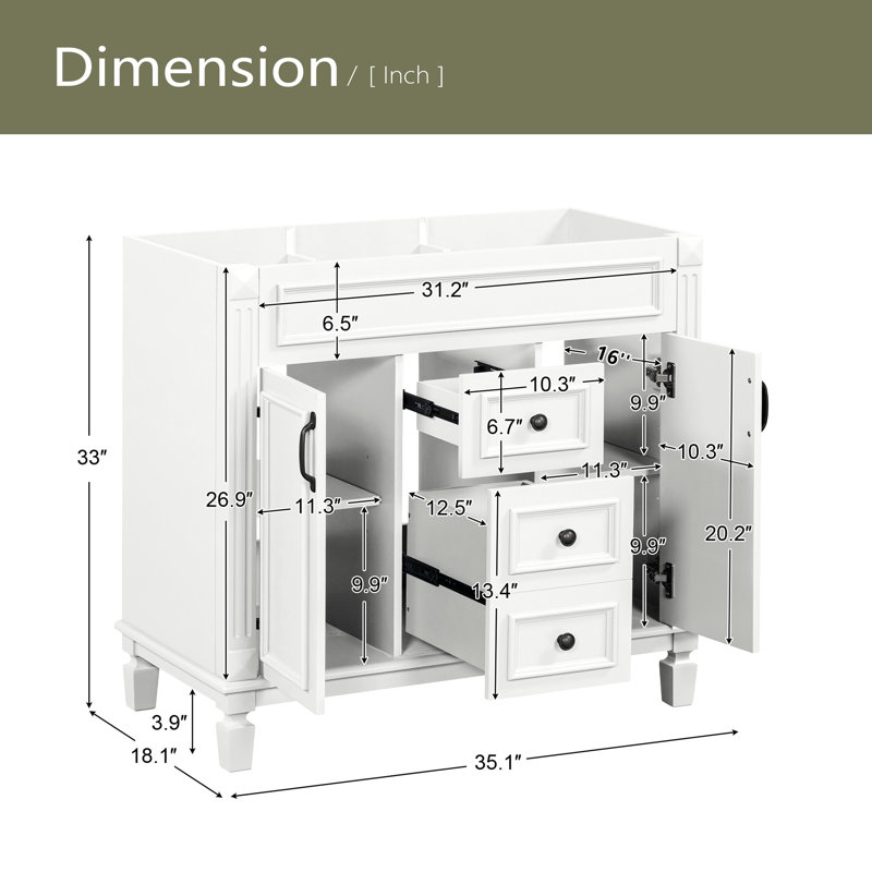 Meuble-lavabo 36 po sans lavabo supérieur, armoire seulement, armoire de rangement moderne avec 2 portes à fermeture douce et 2 tiroirs