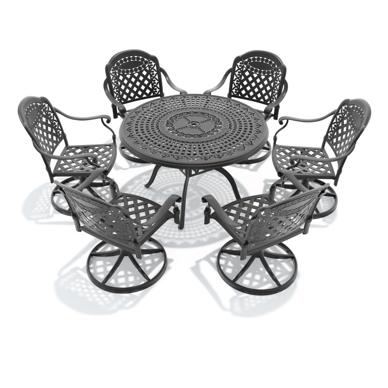 Ensemble de salle à manger de patio rond avec 6 chaises pivotantes, coussin doux rouge, mobilier de jardin pour la cour arrière