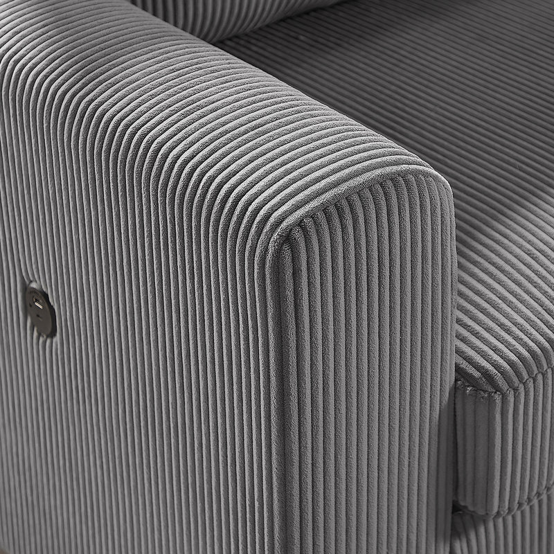 Canapé modulaire confortable avec méridienne orientée vers la droite, ports de charge, repose-pieds avec rangement et coussins pour se détendre et recevoir à la maison