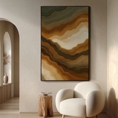 Très grand art mural imprimé sur toile - Motif de géode aux tons terreux abstrait avec détails dorés, œuvre d'art contemporaine pour le salon ou la chambre à coucher - «Assemblage requis du cadre (cadre non fini)»