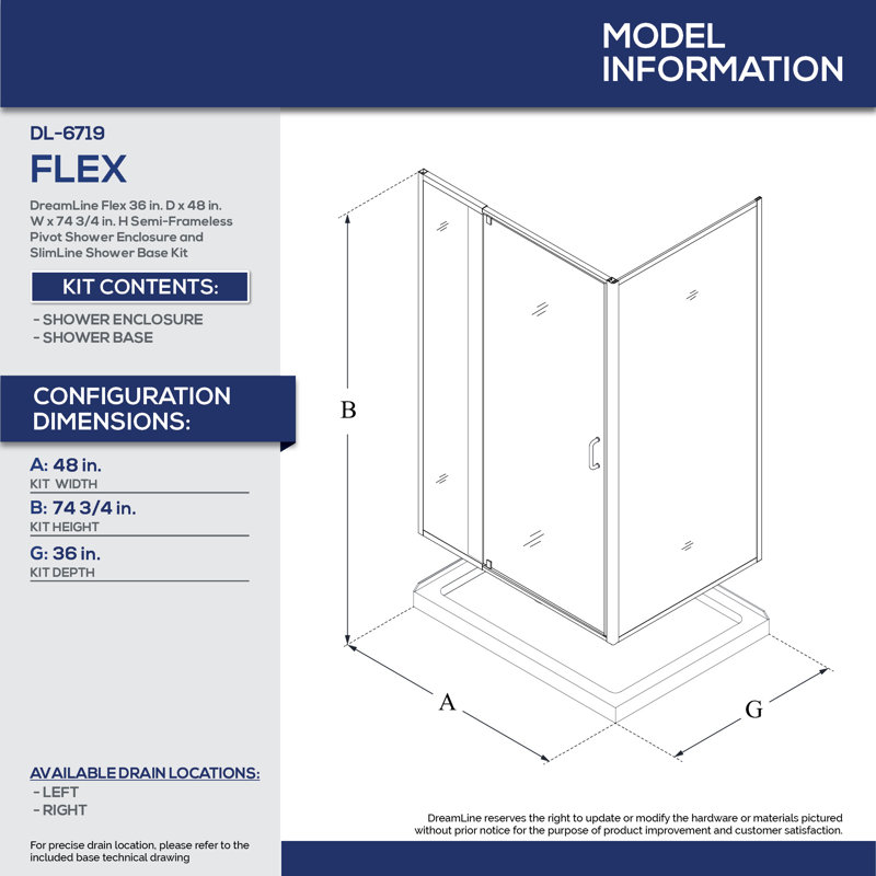 Flex 48" x 74.75" Rectangle Pivot Shower Enclosure with Base Included, Chrome/White, Left