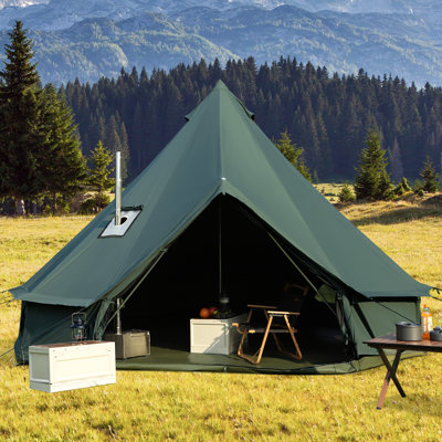 4m Cotton Canvas Bell Tent With Stove Jack, Roomy Yurt For Family Glamping Camping, 4 Season Tent With Zipped Removable Floor