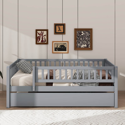 Rustic Wooden Daybed With Underbed Trundle And Protective Fence-Style Guardrails