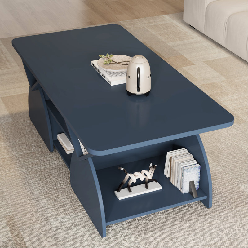 Table basse rectangulaire bleue avec coins arrondis, 6 espaces de rangement, facile à assembler, pour les tablettes ouvertes en bois d'ingénierie, rangement indépendant, bords, salle de réception