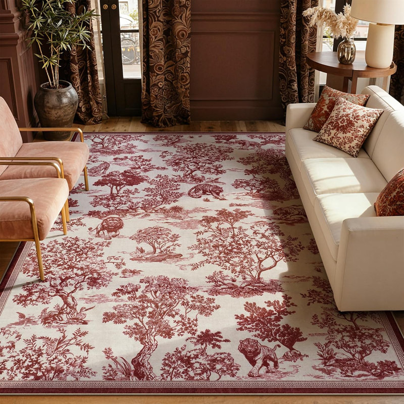 Vintage Washable Animal Non-Slip Soft Area Rug For Living Room Classic Botanical Print Rugs For Bedroom Nursery Room , Red