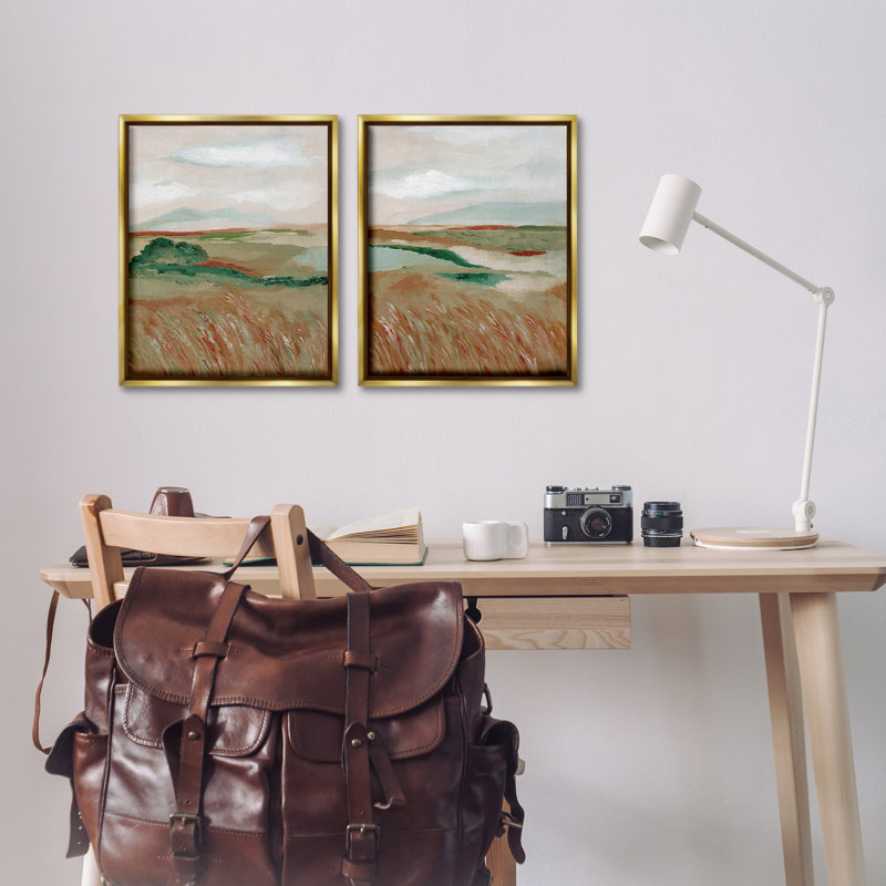 «Windblown Reeds Landscape», ensemble de 2 toiles flottantes encadrées par Nikita Jariwala, Cadre flottant métallique doré