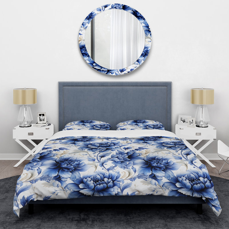 Ensemble de housse de couette beige et bleu à motif damassé Dahlia II, Housse de couette pour grand lit et 2 taies décor