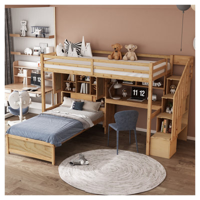 Lit mezzanine simple au-dessus de simple avec bureau intégré, escalier et tablettes de rangement, cadre de lit superposé en bois de pin massif pour enfants