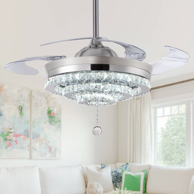 Ventilateur de plafond 42 po à 4 pales rétractables en cristal avec télécommande et ensemble d'éclairage inclus