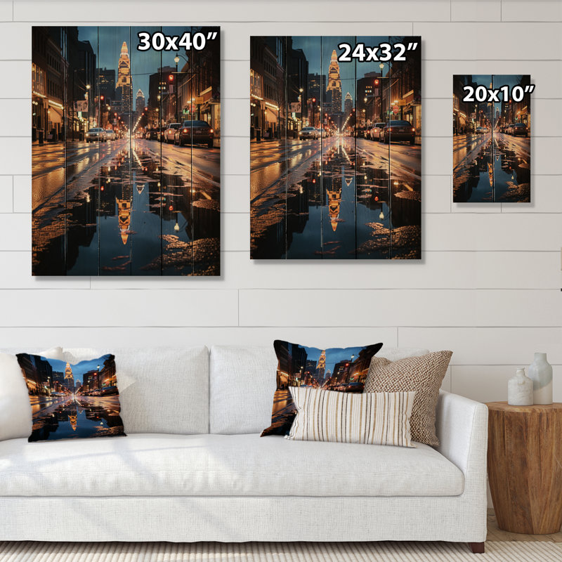 Charlotte, paysage urbain de nuit IV sur bois, H 32 po x l 24 po x P 0,78 po
