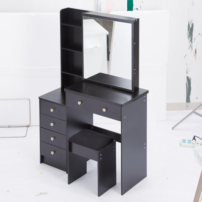 Meuble-lavabo de 37 po avec tabouret de taille moyenne 37 po + tabouret rembourré, très grand miroir coulissant vers la droite (24 po x 22 po), rangement multi-couches grande capacité, commode pratique pour les espaces moyens