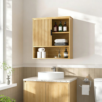 Armoire à pharmacie murale en bambou cannelée avec porte coulissante et tablettes, organisateur de rangement pour la salle de bain, la salle de lavage et les petits espaces