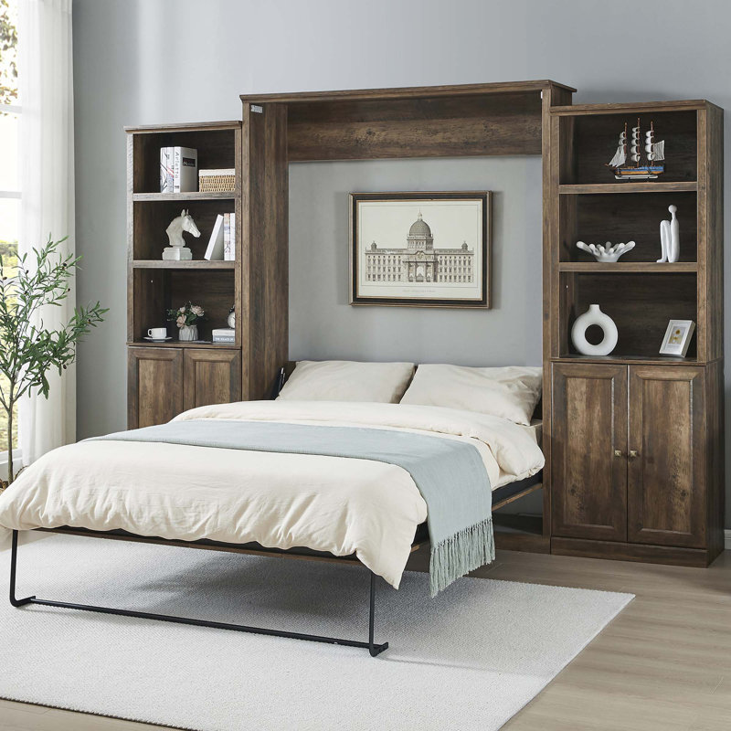 Kailer Murphy Bed With A Desk, Queen, 1 Bed, 2 Side Cabinet Storage Shelf, Brown