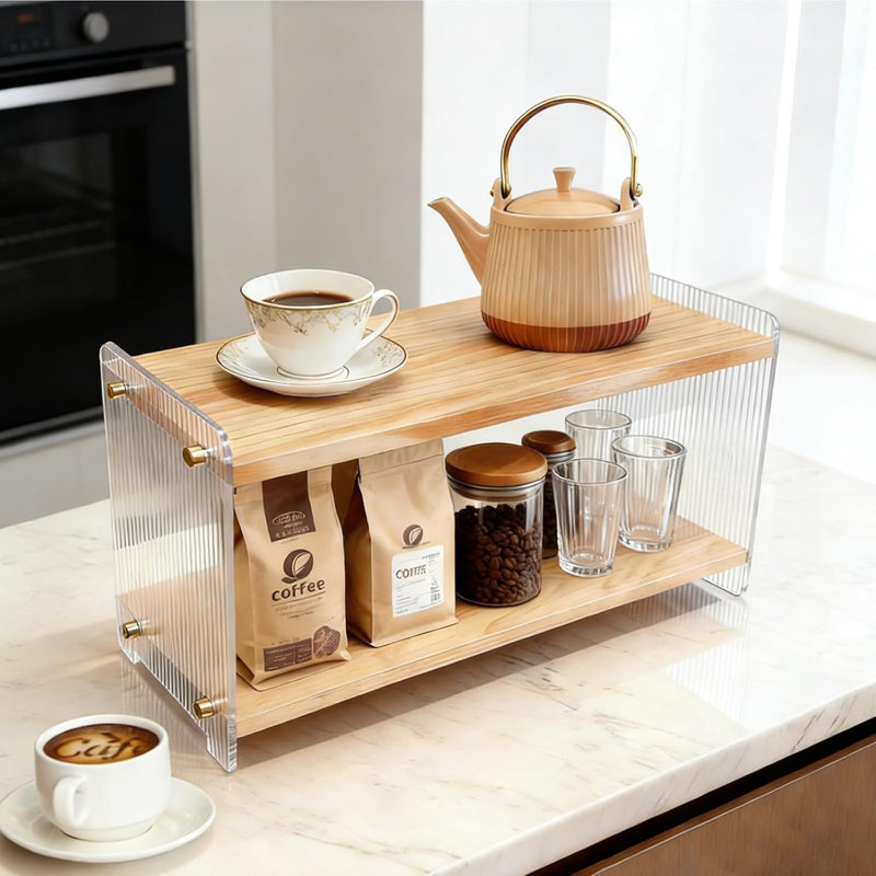 2 Tier Wood and Acrylic Counter Organizer Shelf, Coffee Mug Storage Rack