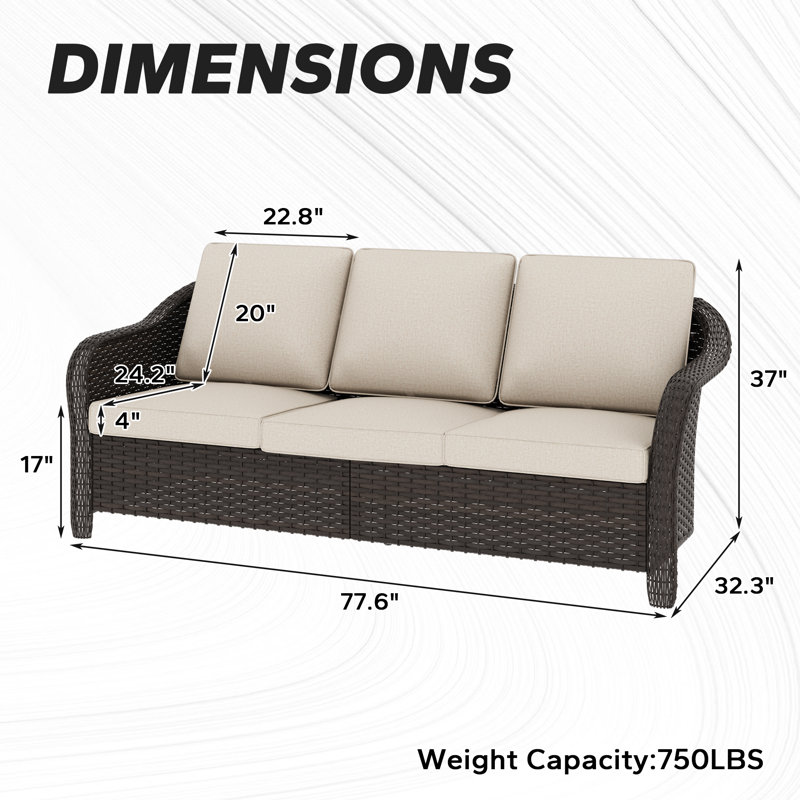Canapé d'extérieur en rotin pour terrasse avec coussins 3 personnes, Beige