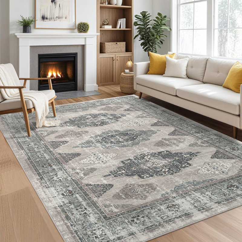 Medallion Machine Washable Rug with Rubber Backing for Living Room Non-Slip Area Rug Easy-Cleaning Vintage Floor Carpet for Bedroom Dining Room Office Playroom Nursery