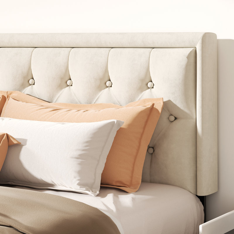 Mauriciu Platform Bed Frame with Button Tufted Headboard and Wooden Slats Support, Beige, Queen