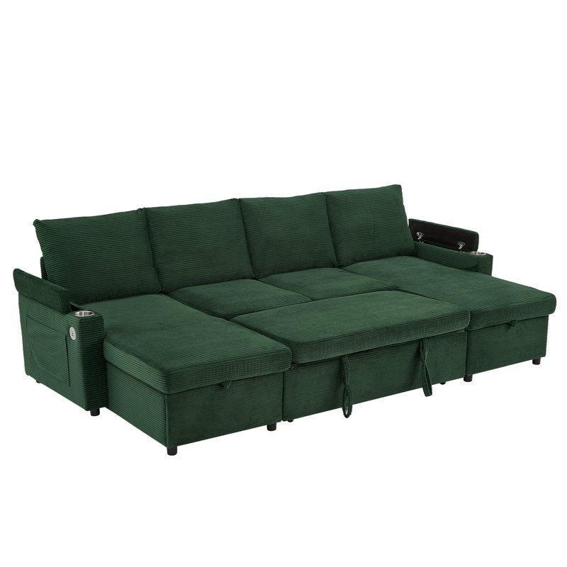 109.5" Sectional Sleeper Sofa With Pull Out Bed, U Shaped 5 Seater Modular Corduroy Sectional Sofa With 2 Storage Chaise Lounges,Cup Holders And USB Ports
