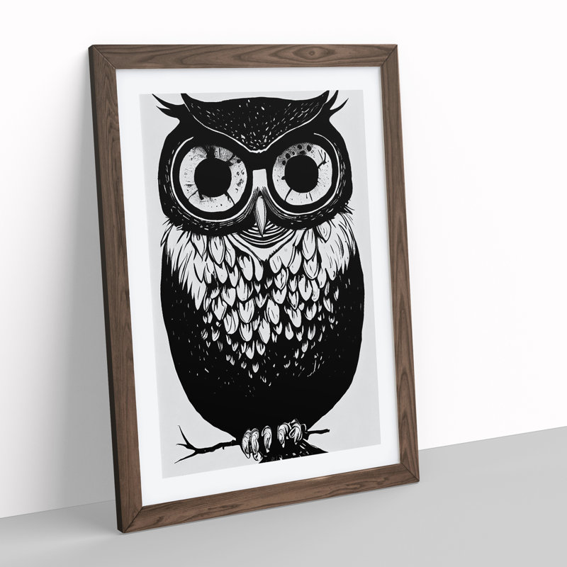 Owl Monochrome No.3 - Framed Print, 34cm H x 25cm W x 2cm D, Walnut