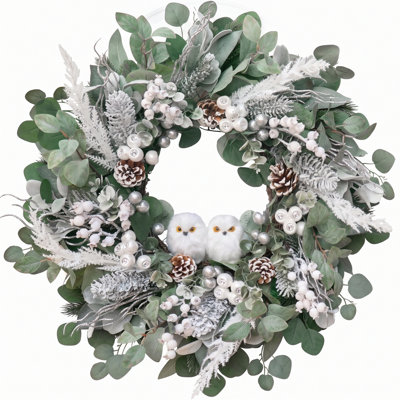Winter Wreath for Front Door, 19.7 Inch Christmas Wreath with Owl Decor, Pine Cones, and Evergreen Greenery, Festive Winter Door Decor, Artificial Holiday Farmhouse Rustic Wreath