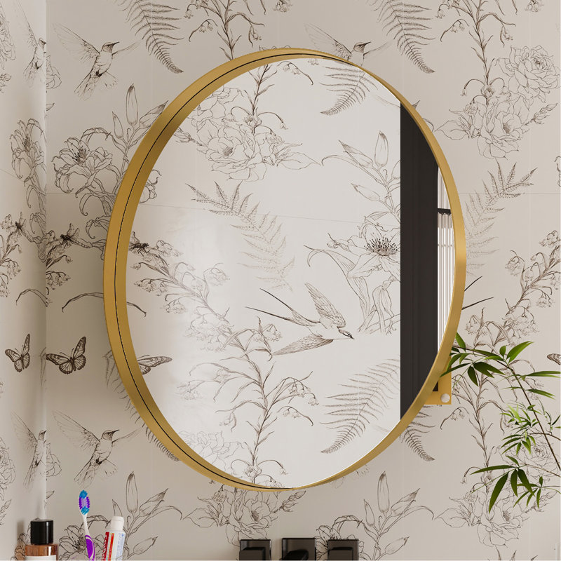 31.5 Inch Surface Mount Round Metal Framed Medicine Cabinet With Mirror And Adjustable Shelves Black Wall Mirror With Storage For Bathroom, Matte Gold
