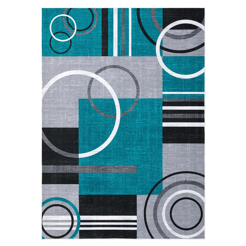 Geometric Machine Printed Area Rug, Teal, Rectangle 80 x 150 cm