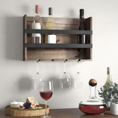 Eddie 4 Bottle Wall Mounted Wine Bottle & Glass Rack in Brown
