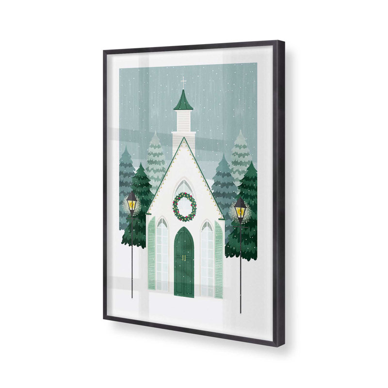 24" x 18" Vintage Winter Church Scene Print  in a Lemon Grass Frame, Weathered Zinc Single Picture Framed