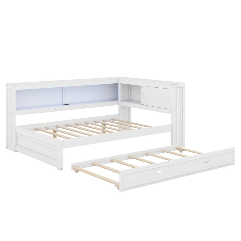 Lit de jour double avec tablettes, DEL et lit gigogne, White