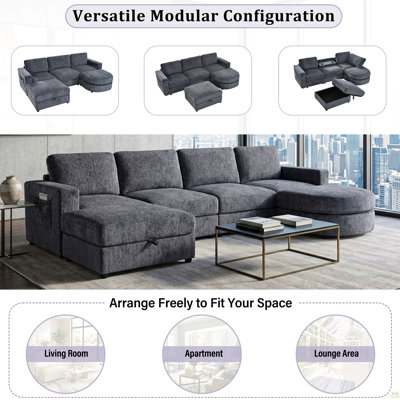 U-Style 102.4" U Shaped Sectional Sofa, Chenille Modular Couch with Curved Ottoman & Storage Ottoman, 3 Seater Sofa with Drop Down Console and 2 Cup Holders, Solid Pine Wood Frame for Living Room