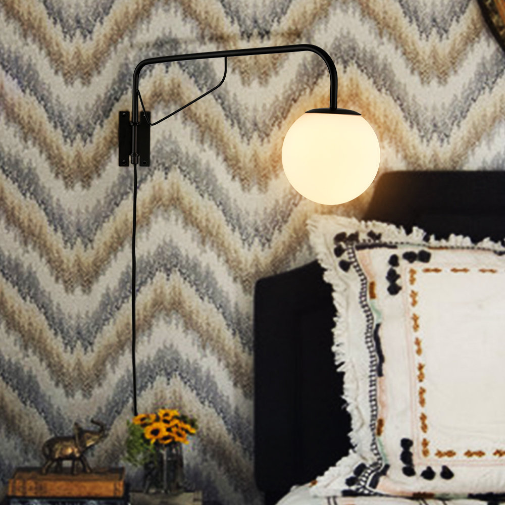 Ebern Designs Modern Black Plug In Swing Arm Wall Lamp With On/Off ...