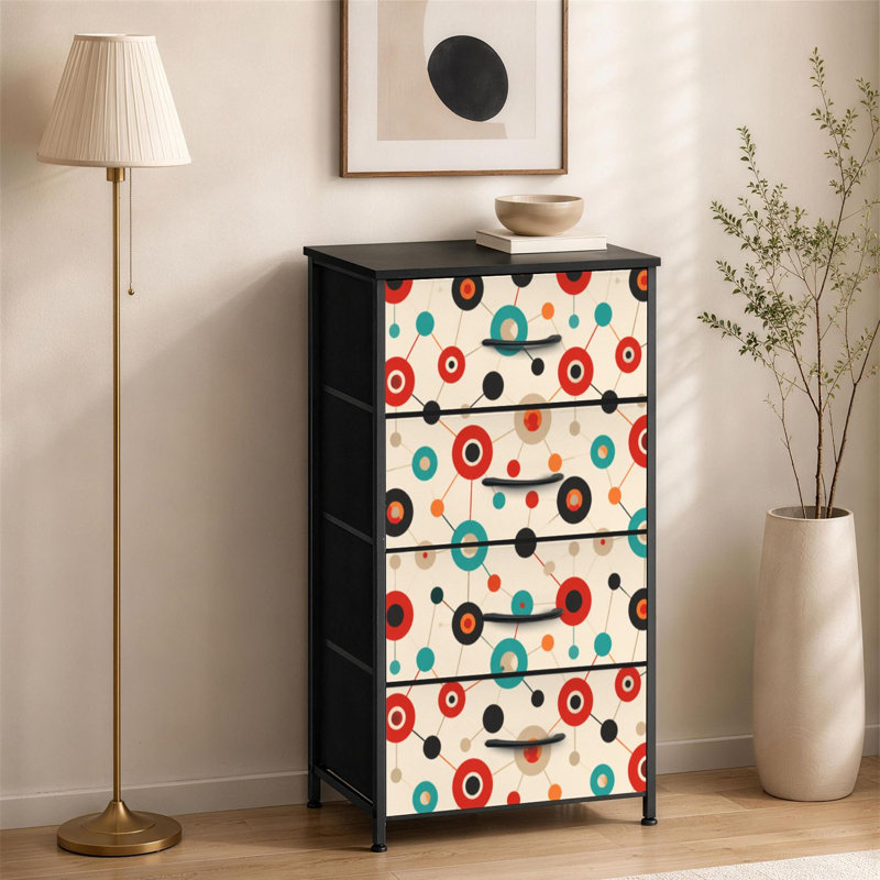 Commode à 4 tiroirs pour chambre à coucher de style Mid-Century des années 50 avec des couleurs rétro et une collection de pièces de petite taille