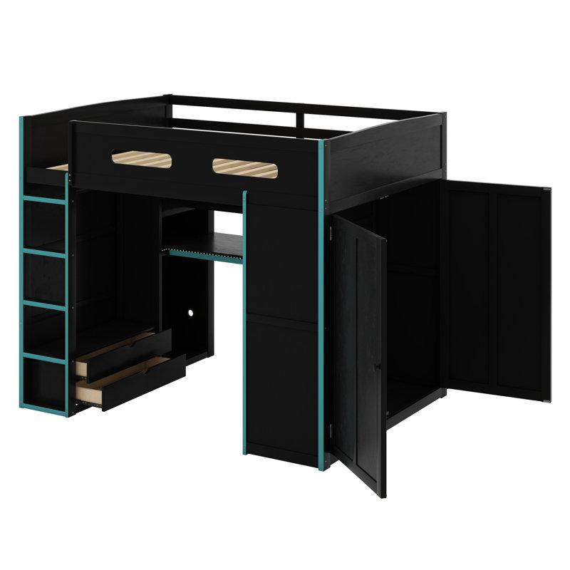 Lit mezzanine en bois avec bureau, garde-robe, grand espace de rangement et lumière DEL RVB, Bleu nuage