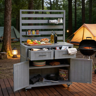 Chariot pour îlot de cuisine 64,9 po avec plateau en acier inoxydable, table de préparation pour barbecue en bois massif avec tiroirs, tablettes mobiles et banc de jardin verrouillable