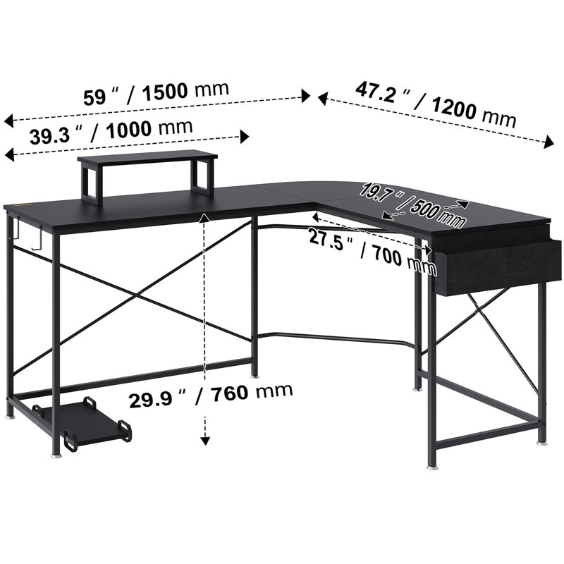 Lagail L-Shaped Metal Base Computer Desk, Black