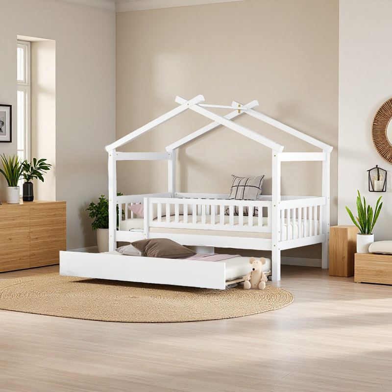 Lit en bois avec couchette, Lit simple, Blanc