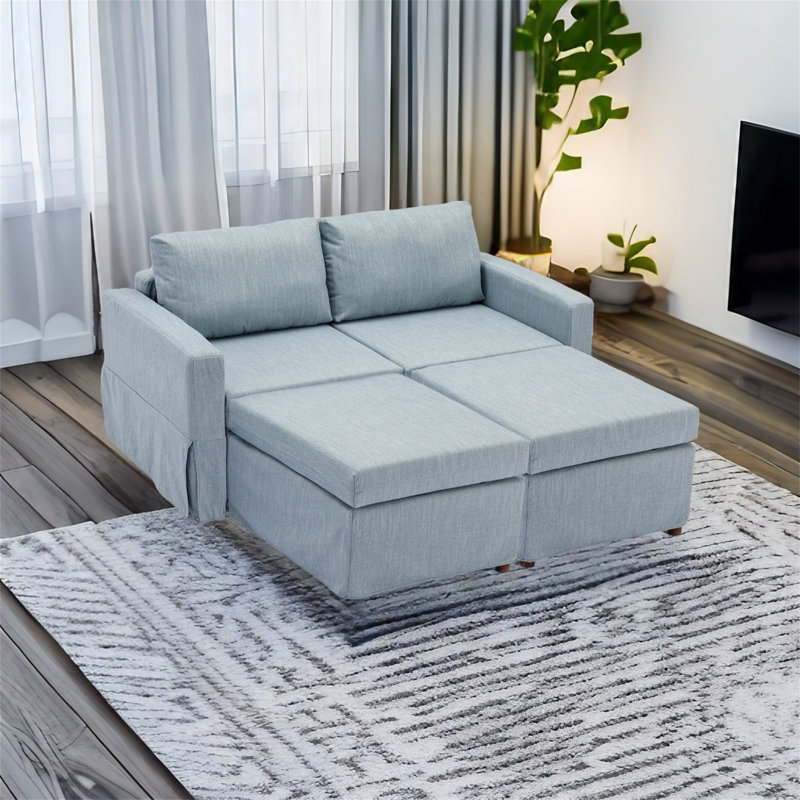 Canapé modulaire 4 pièces Demichael, 100 % lin bleu clair